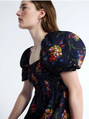 Free Assembly Floral Puff-Sleeve Navy Dress NWT